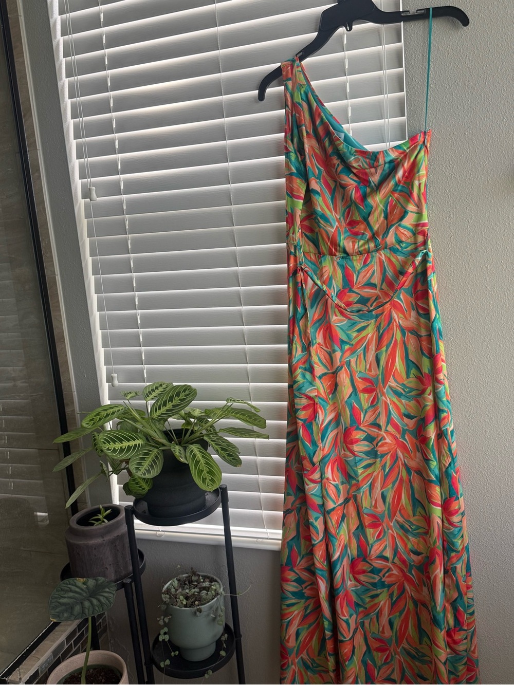 Nicole Miller One-Shoulder Tropical Leaf Print Dress - Coral, Teal, Green